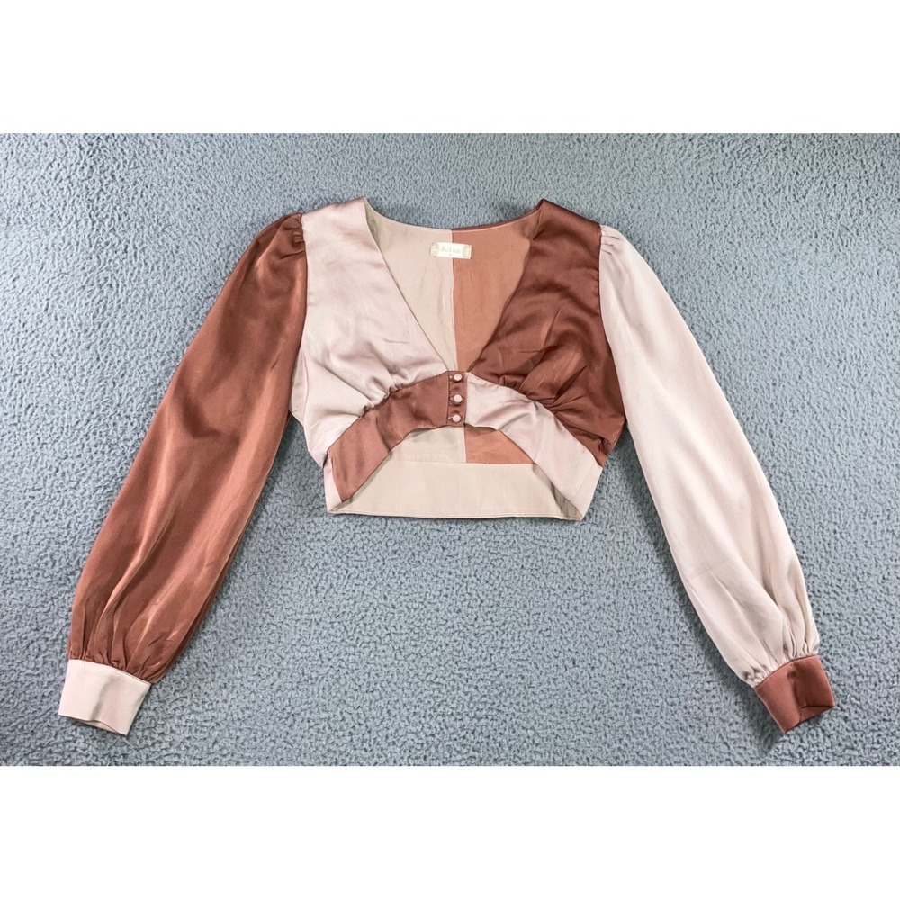 Altar'd State Crop Top Women M Colorblock Satin V-Neck Bishop Sleeve Blush Chic
